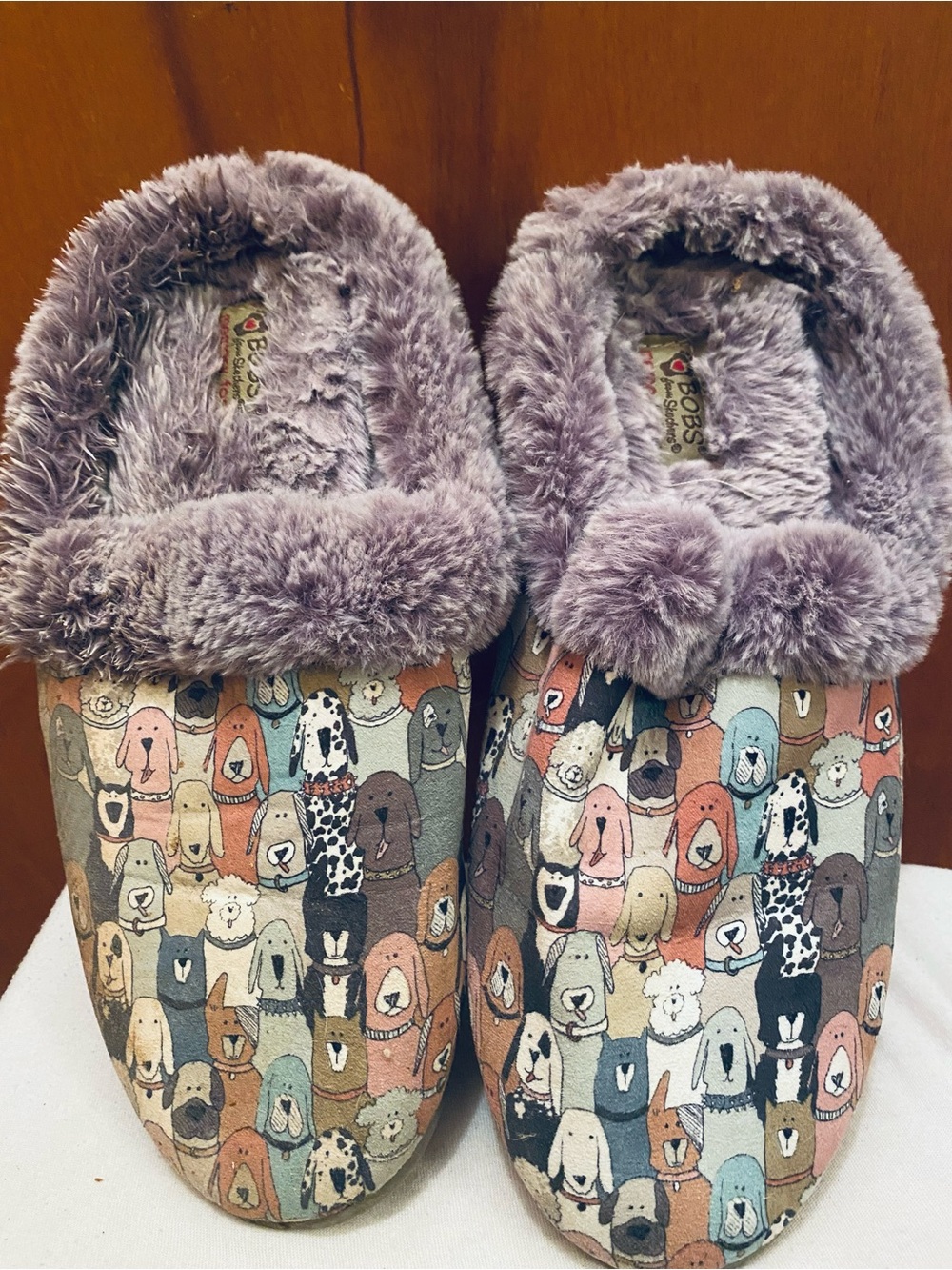 Skecher's Bob's Dog Print Fuzzy Lined Slippers - Gray Trim